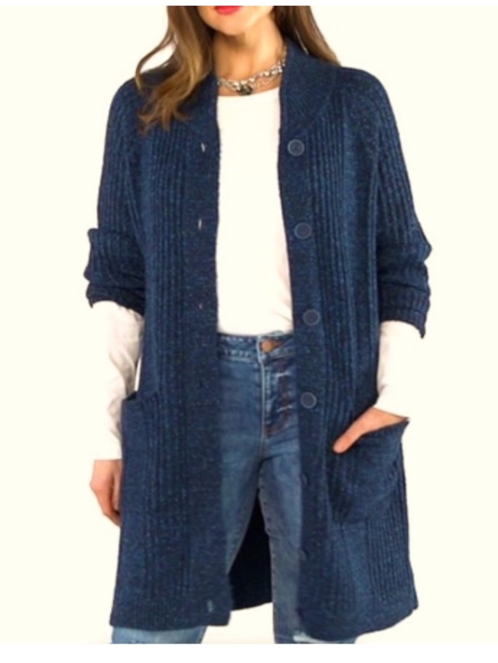 CAbi Trail Cardigan Style 4276 Small Blue Long Button Knit Sweater Pockets